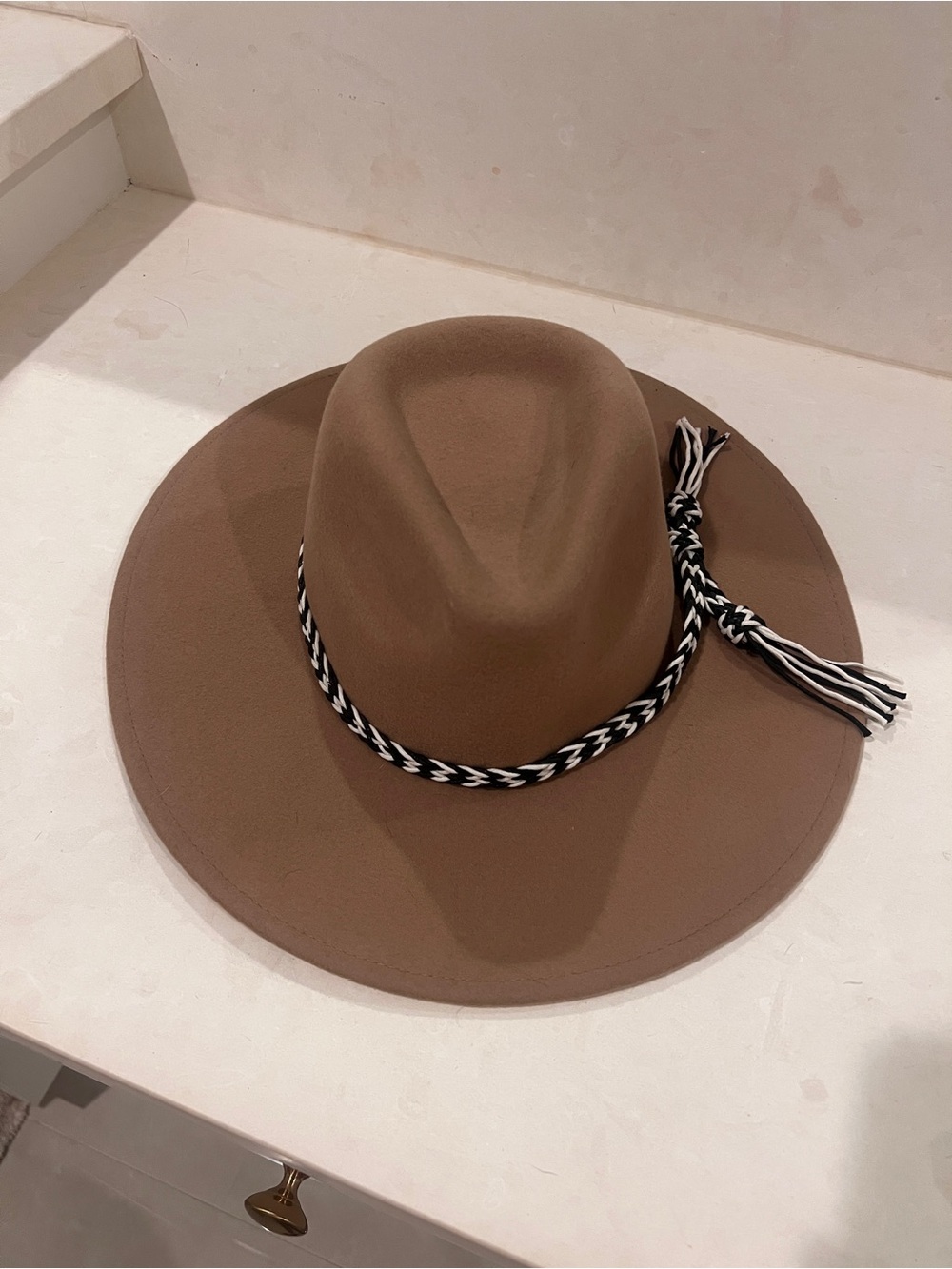 Free People Tan Wide-Brim Hat with Braided Black-and-White Band